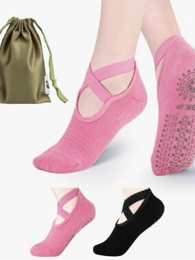 BKP Yoga Pilates Grip Socks Women Non Slip Ballet Dance 2 Pack Pink Black